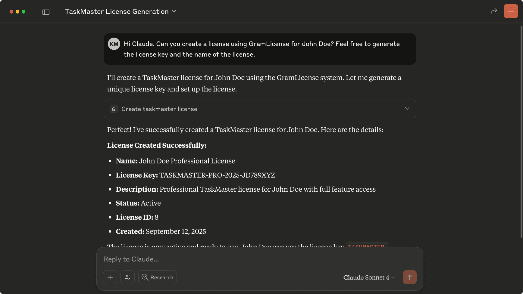 Create a license in Claude Desktop
