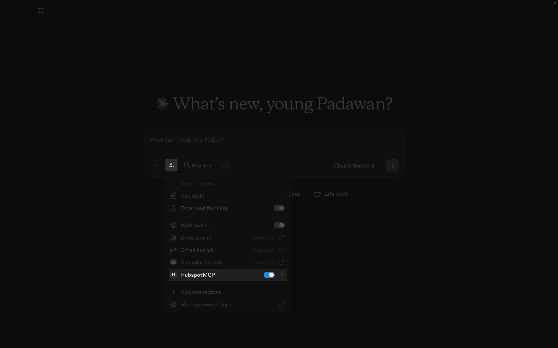 Claude Desktop settings showing HubSpot MCP tools enabled
