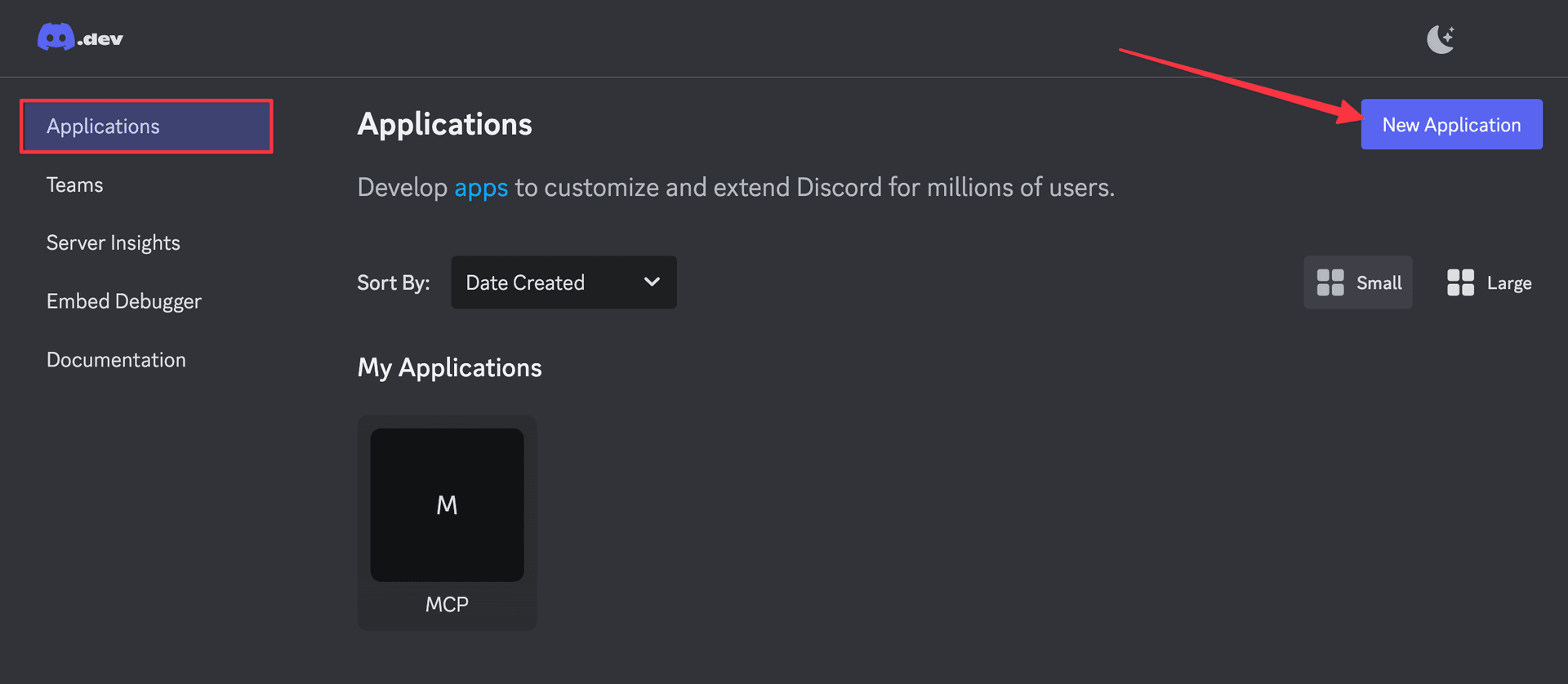 Discord developer portal showing the application creation page