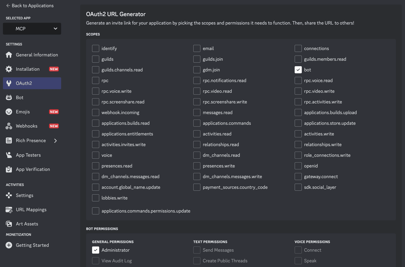 Discord developer portal bot oauth permissions