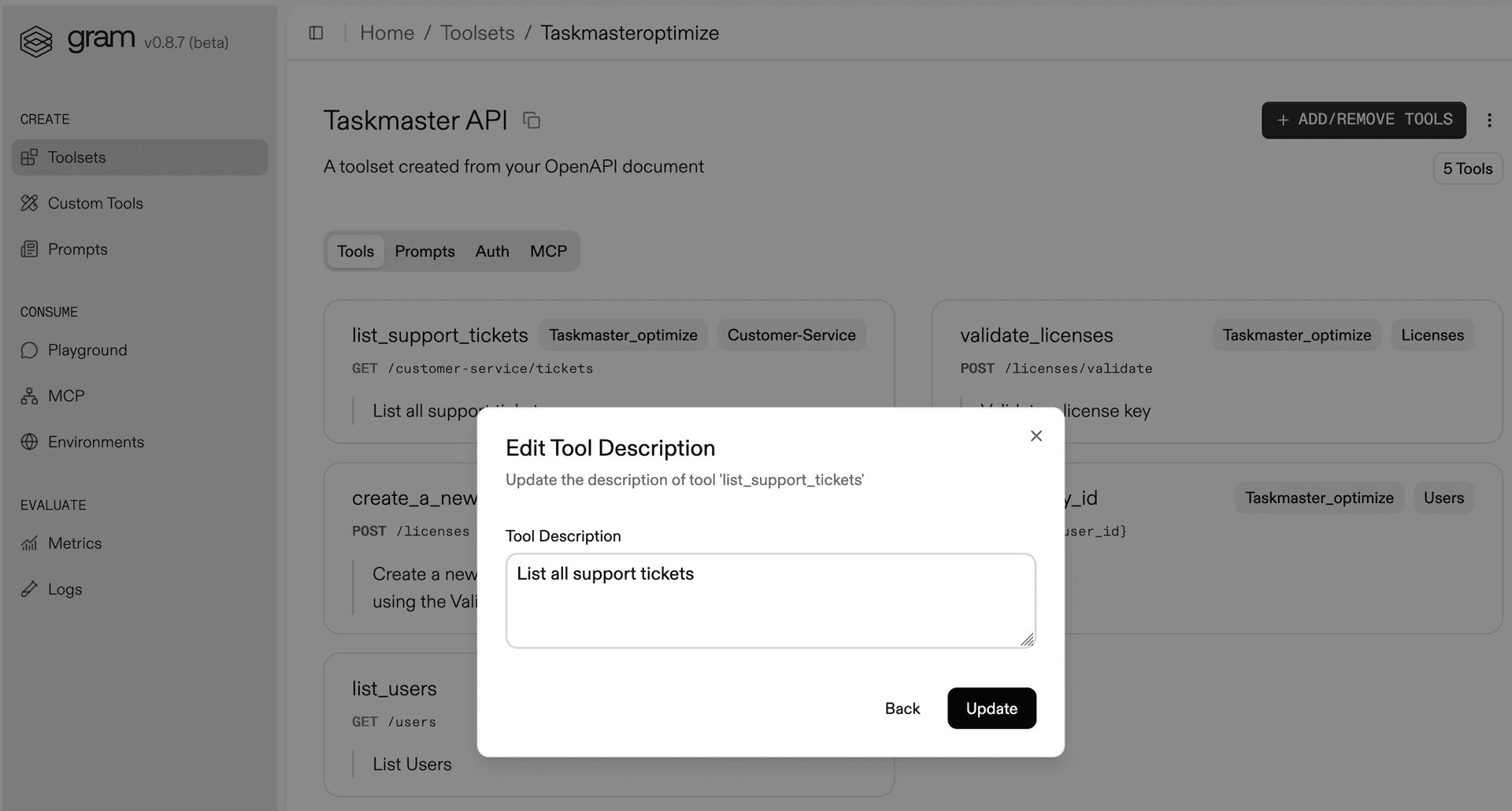 Edit tool description modal