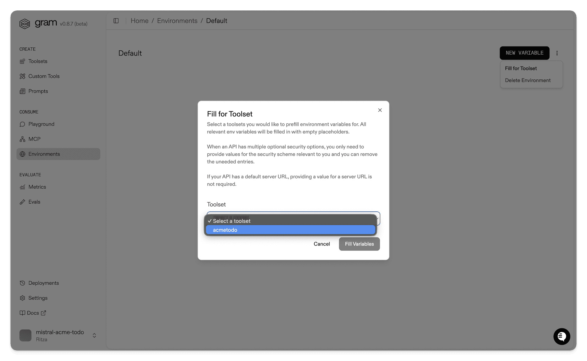 Screenshot showing the fill for toolset dialog to automatically populate required variables