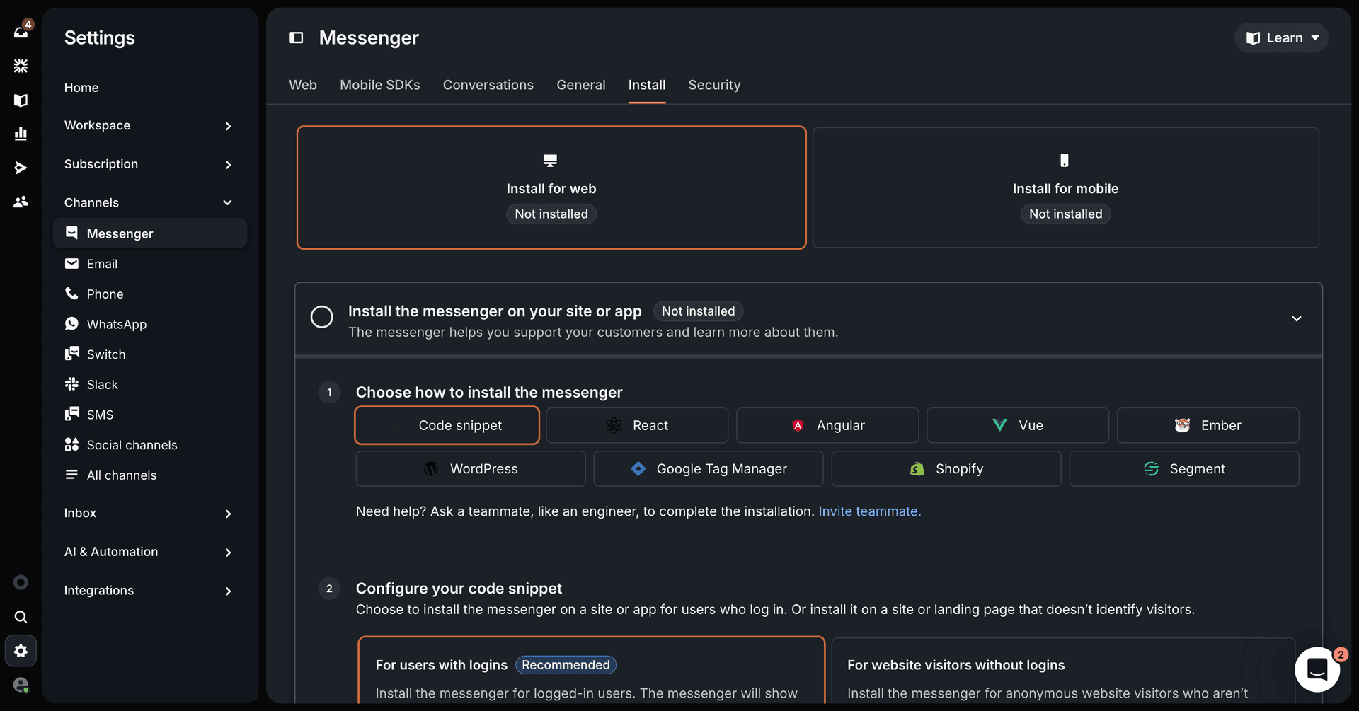 Intercom Messenger installation page showing code snippet options