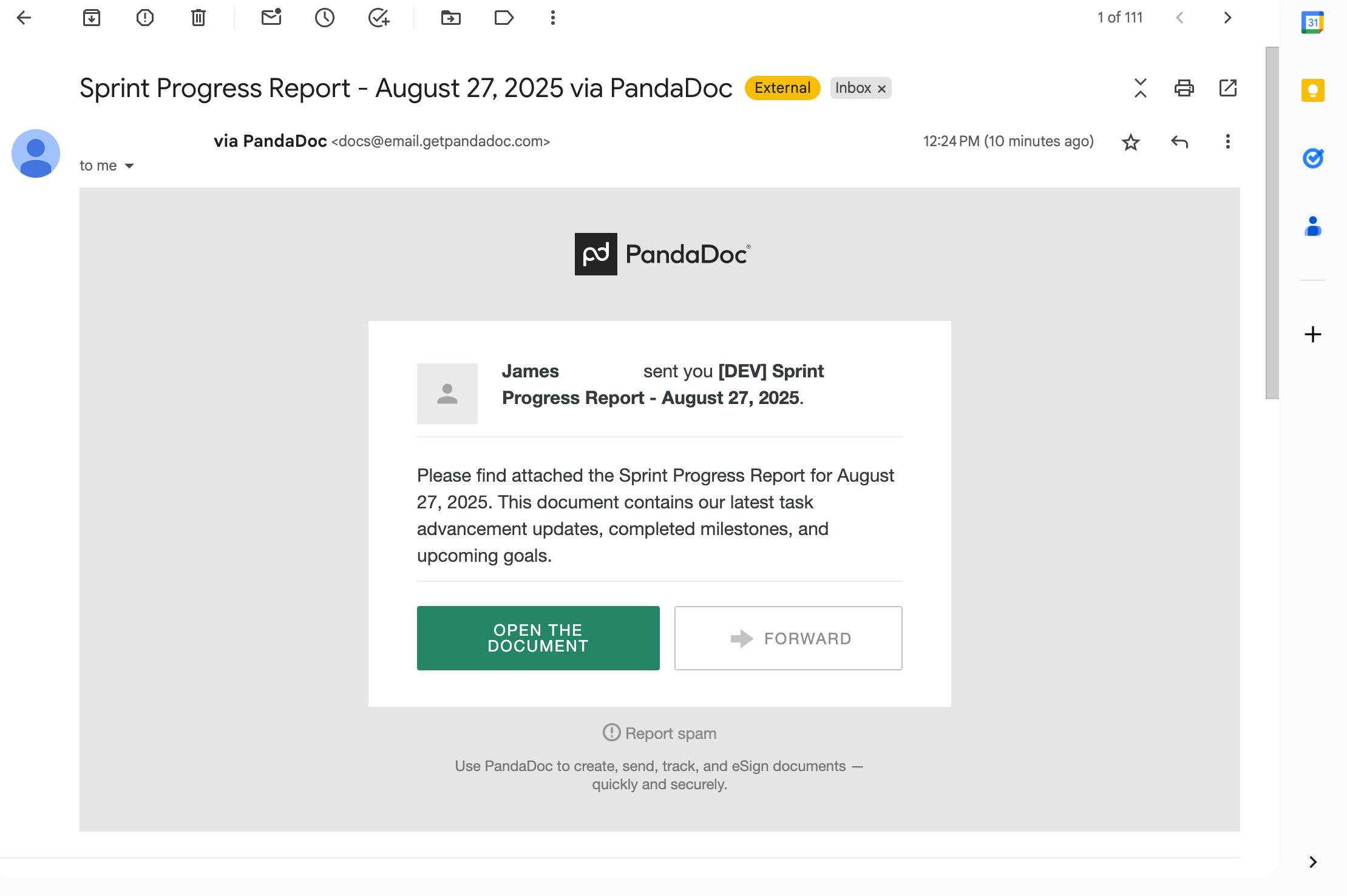 Screenshot of the email sent from PandaDoc with a link to the generated document