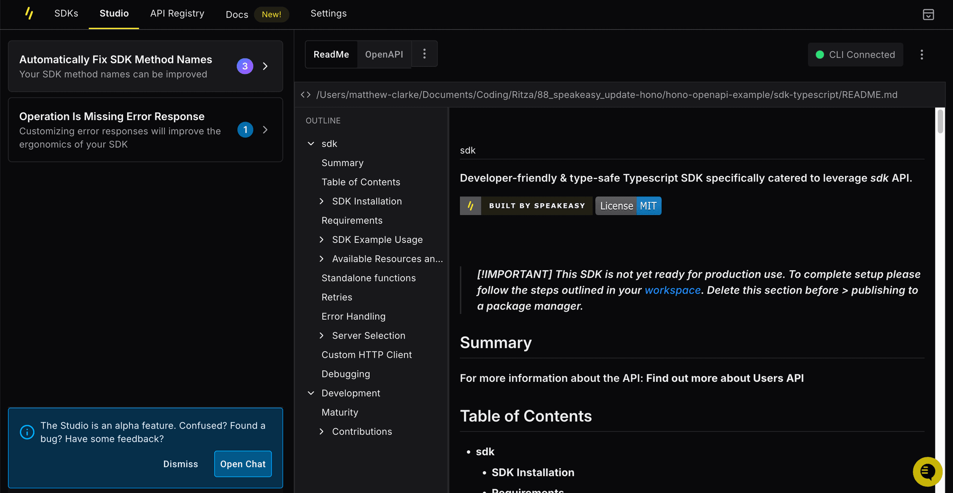 Speakeasy Studio showing SDK improvement suggestions