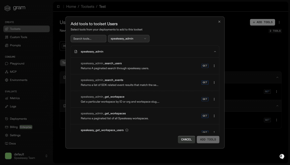 Toolset curation interface showing focused tool selection