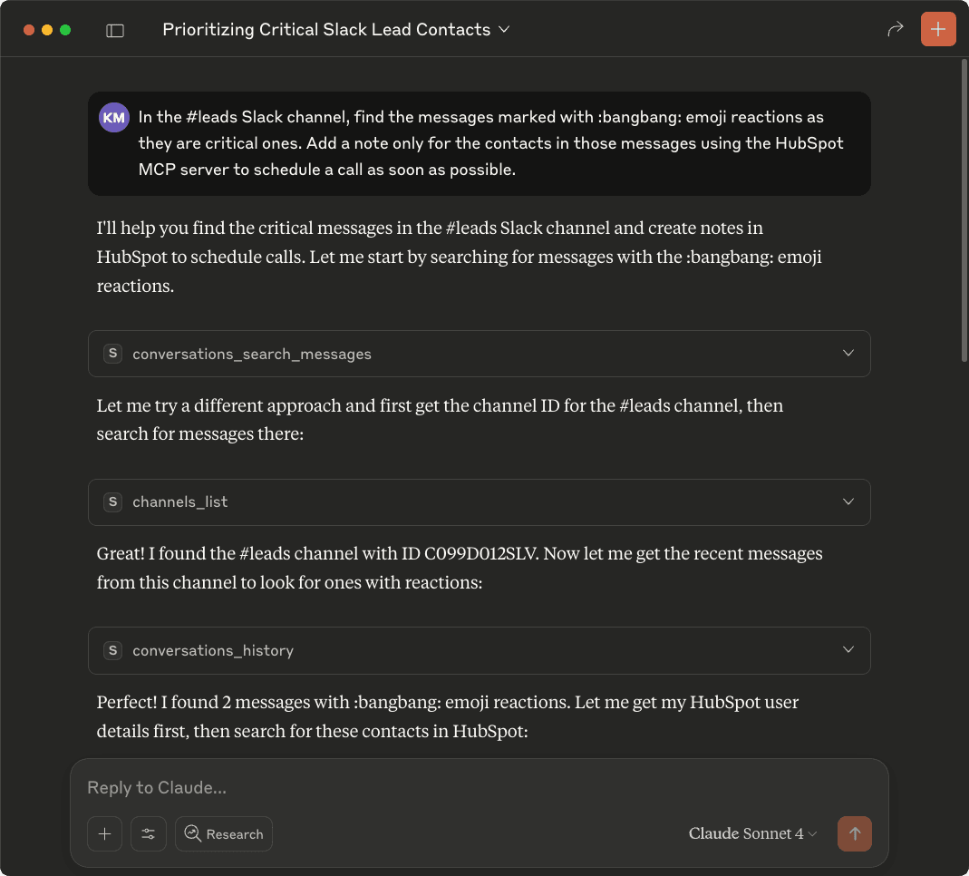 Claude Desktop processing Slack messages with emoji reactions