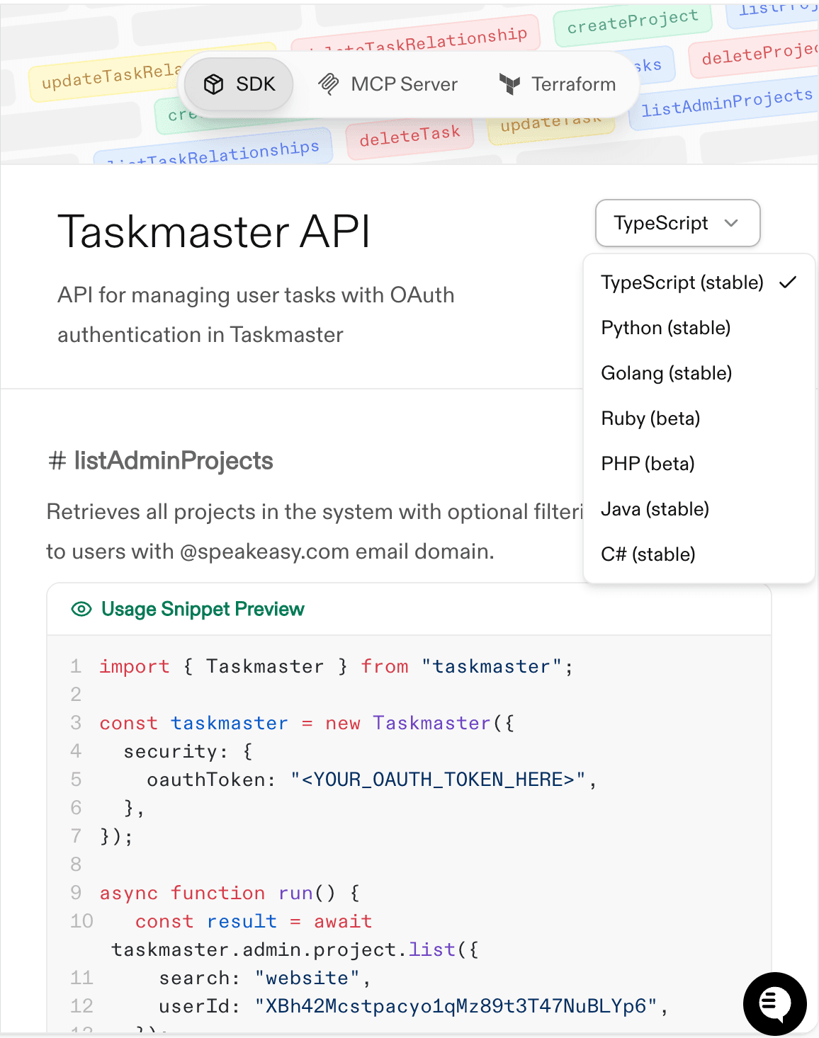 Screenshot of language selector showing TypeScript, Python, Go options