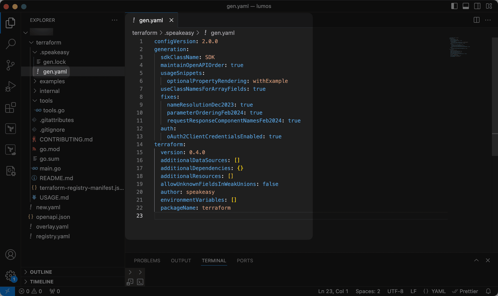 Screenshot showing the gen.yaml in VS code editor.
