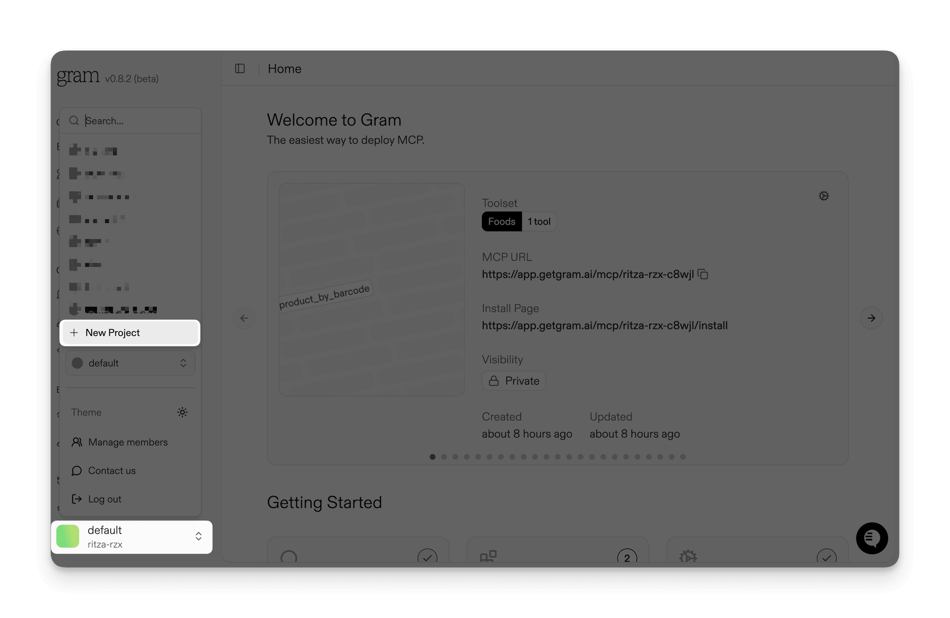 Screenshot of the Gram dashboard showing the New Project link