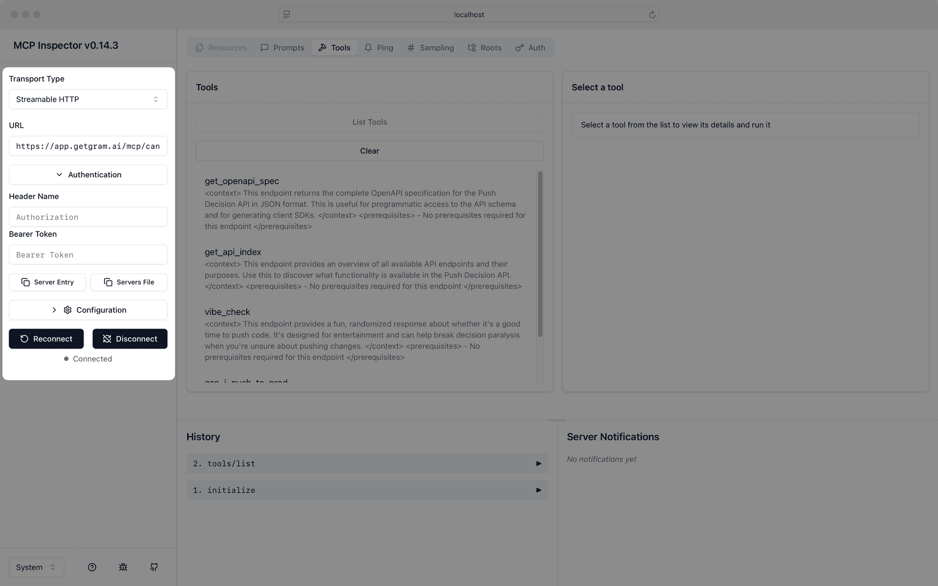 Screenshot of the MCP Inspector connecting to a Gram MCP server