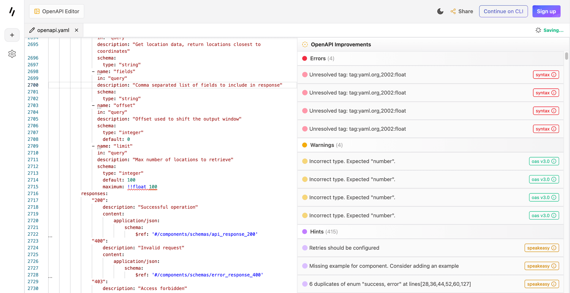 OpenAPI Editor with validation suggestions