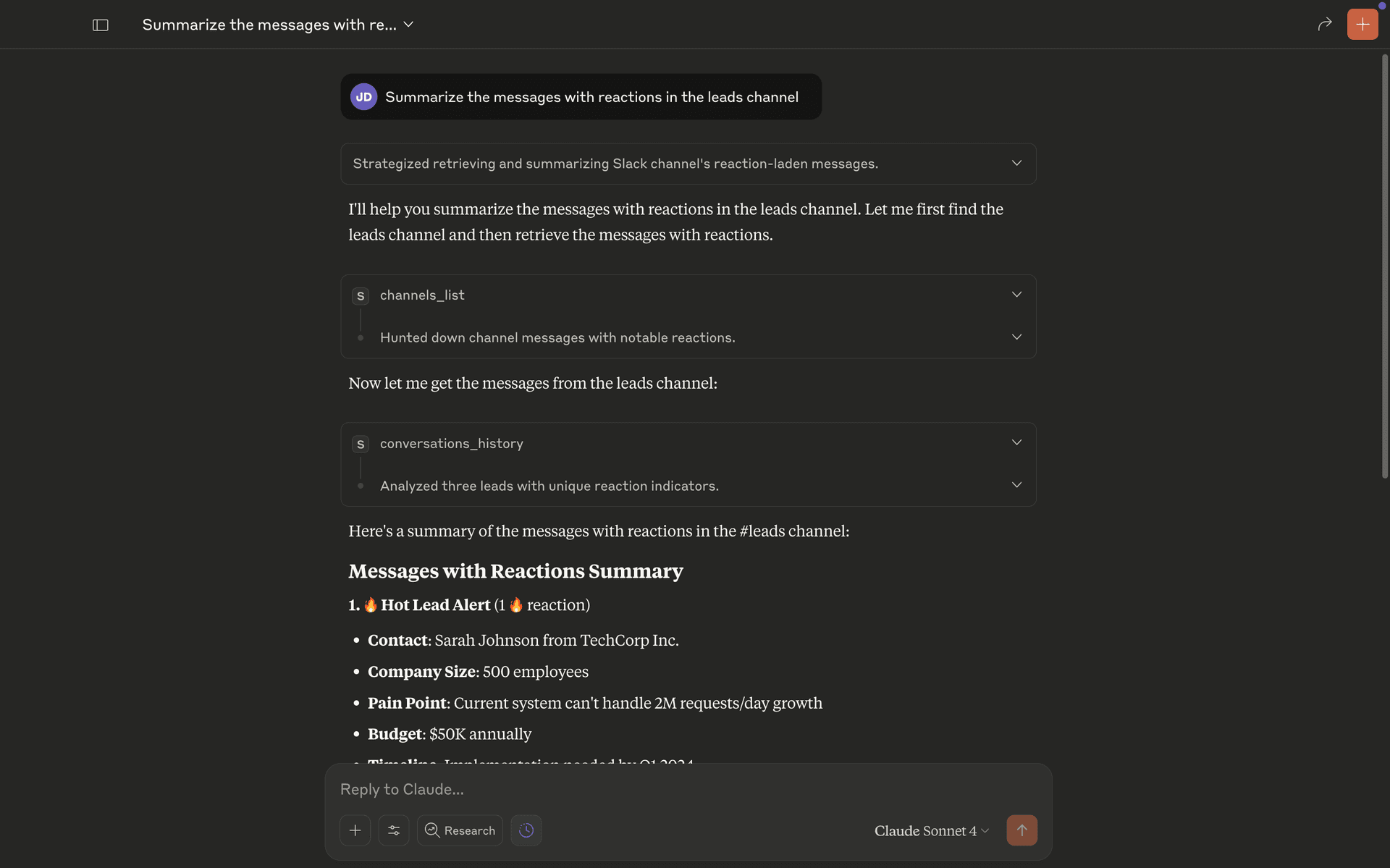 Slack messages with reactions displayed in Claude