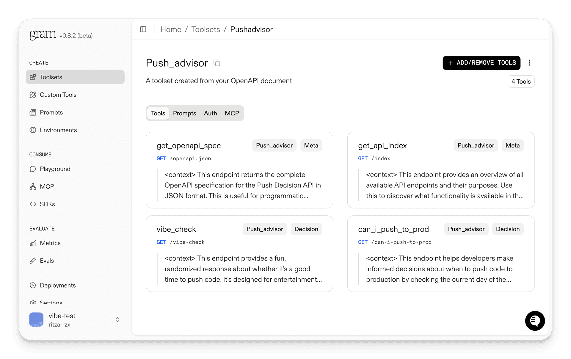 Screenshot of the Gram dashboard showing the Push Advisor toolset